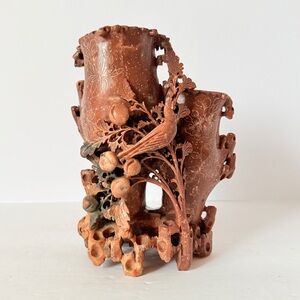 Antique 8” Chinese Carved Soapstone Double Vase Brush Pot Birds Peaches Florals